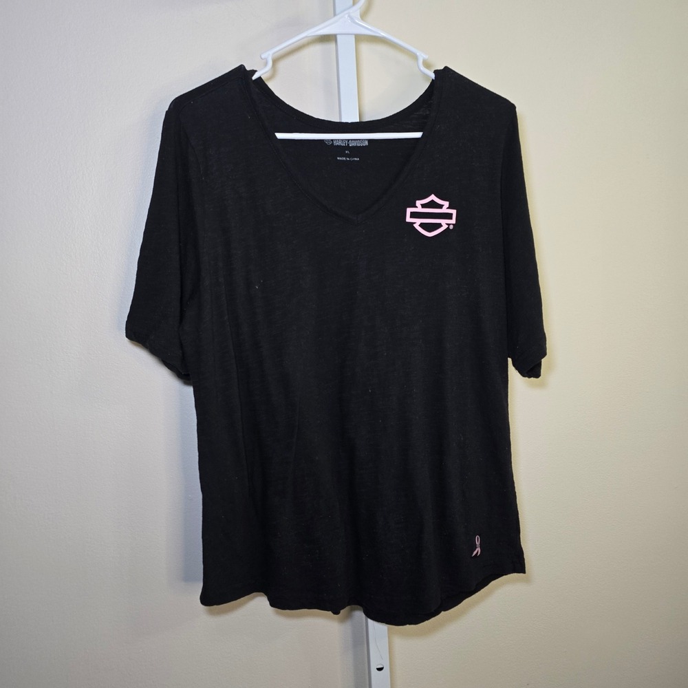 Harley Davidson Black Pink Ribbon V-Neck Graphic Tee T-Shirt XL Extra Large